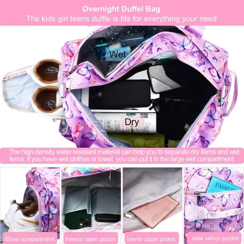 Miniatura 5 de Bolsa de viaje para gimnasio para niñas, bolsa de gimnasia deportiva con compartimento para zapatos y bolsillo húmedo, bolsa de viaje para niños