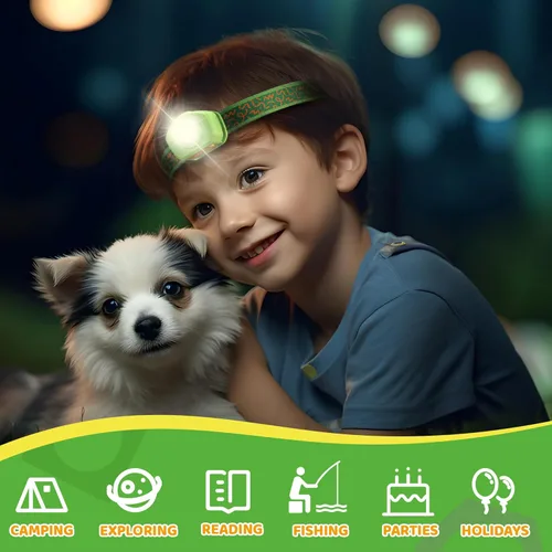 Miniatura 7 de EverBrite Linterna frontal LED recargable para niños con modo RGB y diadema ajustable, 3 modos multicolor para niños, lámpara de cabeza brillante