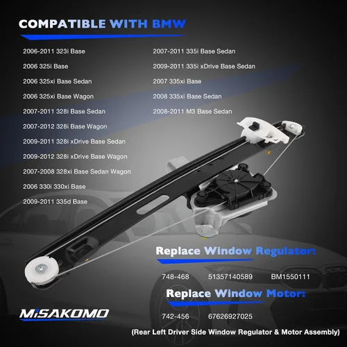 Miniatura 5 de Regulador de ventana, compatible con BMW 3 E90 E91 2006-12 323i 325i 325xi 328i 328xi 330i 330xi 335d 335i 335xi xDrive M3 BMW 3 Elevaluna trasero