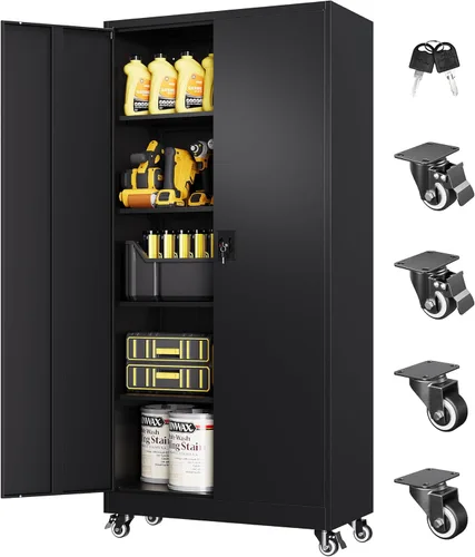 Miniatura 18 de Armario de almacenamiento de metal, archivador alto con 2 estantes ajustables y cajón, gabinete de herramientas de acero con cerradura para oficina