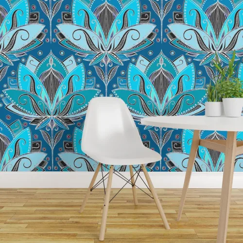 Miniatura 3 de Muestra de papel tapiz extraíble - Art Deco Lotus Teal Turquoise Negro Nouveau Retro Tea Geométrico Azul Aqua Papel pintado personalizado pre-pegado