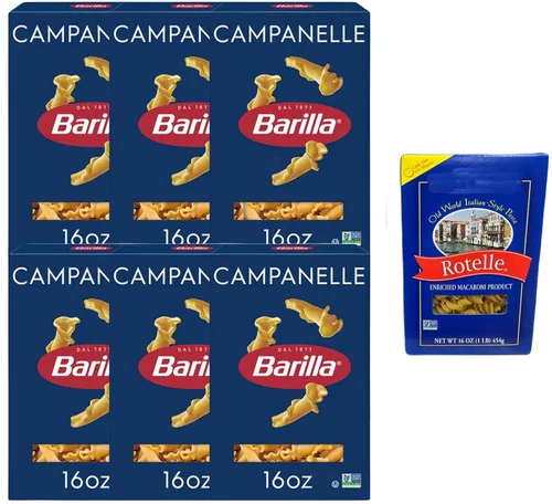 Barilla Campanelle Pasta | Pasta sin OMG hecha con sémola de trigo duro, 16 onzas (paquete de 6) y pasta Market Basket Rotelle estilo italiano, 12