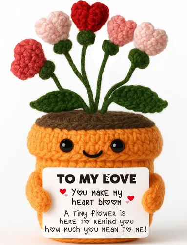 Miniatura 13 de MAMAGIFTREE Planta en maceta de ganchillo a mano con tarjeta I Love You More – Divertido ramo de corazón romántico, regalo eterno hecho a mano