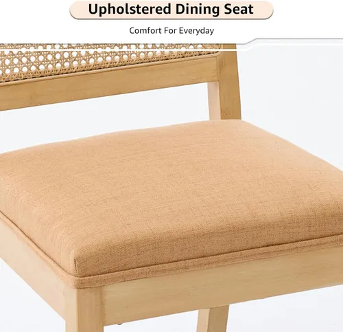 Miniatura 5 de ODUSE-DAILY Juego de 2 sillas de comedor French Country color beige, sillas de comedor de madera bohemia con respaldo tejido y asiento tapizado