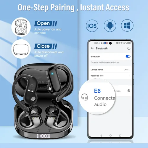 Miniatura 7 de Auriculares de oreja abierta, auriculares inalámbricos Bluetooth 5.4 con ganchos para los oídos, auriculares estéreo de alta fidelidad de 32 horas