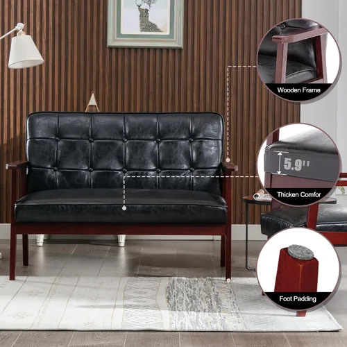 Miniatura 5 de Okeysen Juego de sofá loveseat moderno (negro) - Cuero ergonómico, diseño de mediados de siglo, 2 asientos y silla decorativa, muebles para espacios