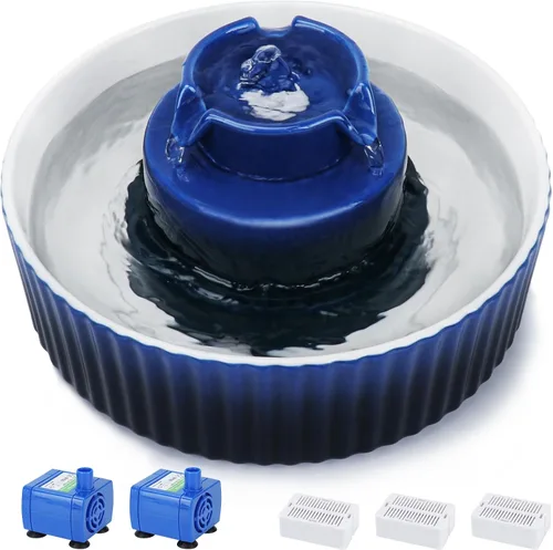 Fuente de agua de cerámica para gatos Lawfery, fuente de gato de 2.1L/71oz con 3 filtros de carbón y 2 bombas de agua, fuente de agua para mascotas