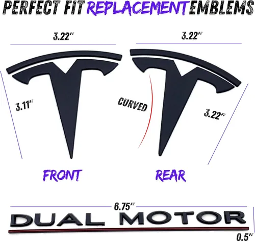 Miniatura 2 de Paquete de emblemas EVMIZE para Tesla Model 3, delantero y trasero, insignia T, negro mate y negro brillante, logotipo OEM, juego de emblemas