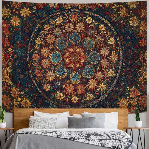 Miniatura 44 de Fowocu Tapiz bohemio con mandala floral para colgar en la pared, medallón de flores bohemias, tapiz estético, beige, naranja, hippie, indio, pequeño