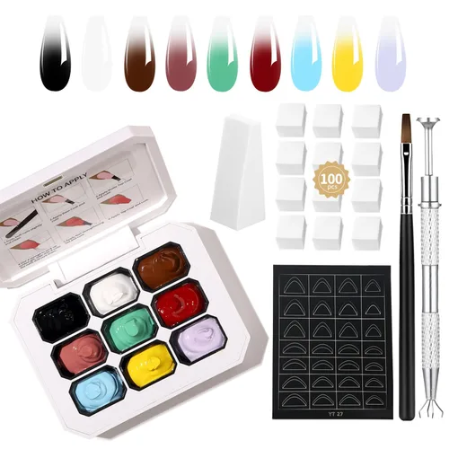 Miniatura 22 de Finger Secret - Juego de 9 colores de esmalte de uñas de gel Ombre Pat, paleta de esmaltes de gel con 20 esponjas de uñas para arte de uñas de gel