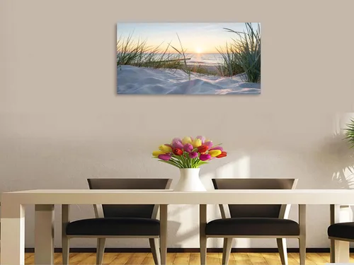 Miniatura 5 de Lienzo de playa al atardecer para pared, dunas de arena costeras con imagen de hierba de playa, paisaje natural del océano, arte moderno de paisaje