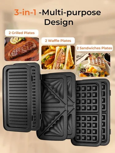 Miniatura 2 de HOUSNAT Sandwicherera, waflera 3 en 1 con placas extraíbles, prensa Panini de 1200 W con placas antiadherentes intercambiables, luces indicadoras