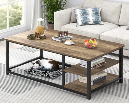 Miniatura 11 de EXCEFUR Mesa de centro negra, mesa de sala de estar de madera rústica con estante de almacenamiento, mesa central rectangular moderna, 47 pulgadas