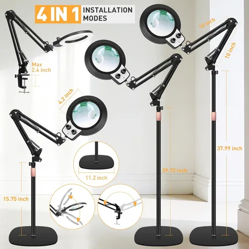 Miniatura 7 de 2 in 1 Floor Magnifying Glass with Light and Stand, Dual Knob Infinite Color Dimmable 12X&30X Large Lighted Magnifier Workbench lamp for Close Work