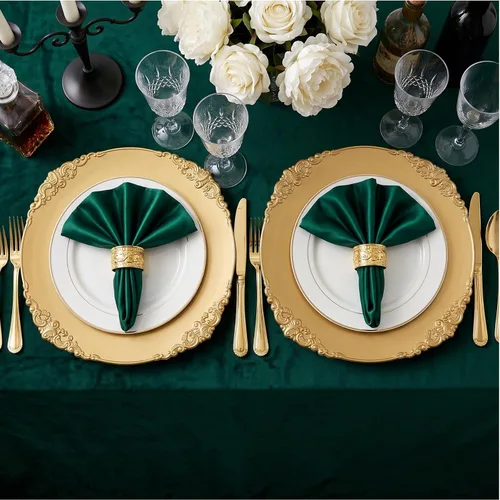Miniatura 8 de Okllen Paquete de 12 Platos Base Dorados, Platos Base Redondos para Cena de 13" con Borde en Relieve para Catering, Boda, Decoración de Mesa