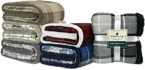 Miniatura 7 de PAVILIA Premium Manta de cama de vellón sherpa a cuadros tamaño individual, súper suave, acogedora, afelpada, microfibra ligera, reversible