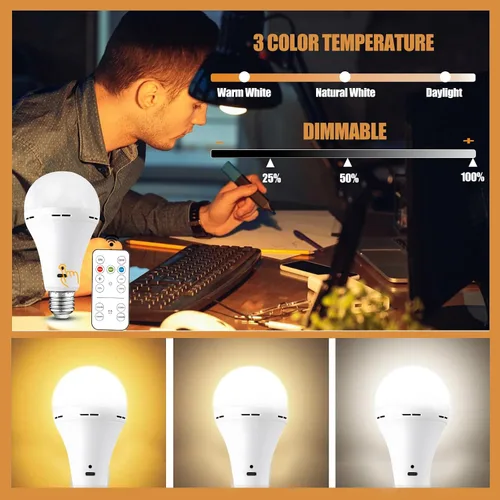 Miniatura 2 de Bombillas recargables USB con control remoto y temporizador, 3 temperaturas de color regulables, funciona con pilas, bombilla LED A21 de 2000 mAh