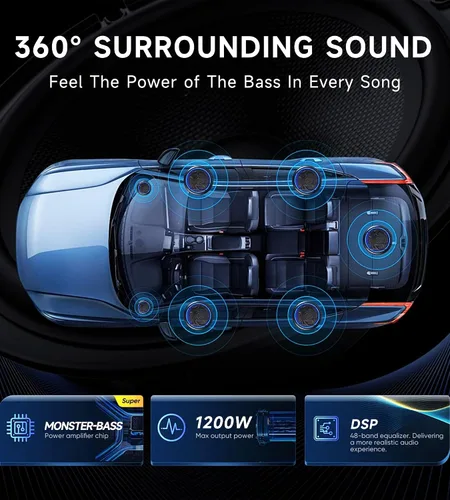 Miniatura 10 de Subwoofer de 1200W, paquete de subwoofer y amplificador delgado para debajo del asiento del automóvil con luz ambiental, control individual