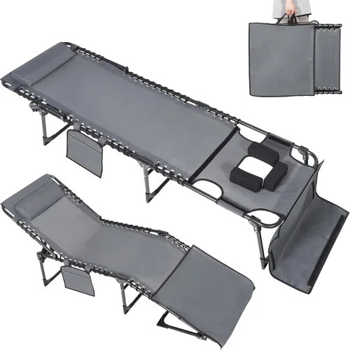 MUPATER Silla de bronceado con agujero facial, tumbona de patio con respaldo ajustable de 5 posiciones, almohada y bolsillo extraíbles, tumbona