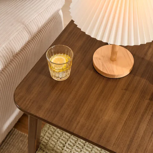 Miniatura 5 de Mesa auxiliar moderna de 2 niveles con estante tejido, mesa auxiliar pequeña bohemia para sala de estar, sofá, patio, oficina en casa, mesa Nogal_2