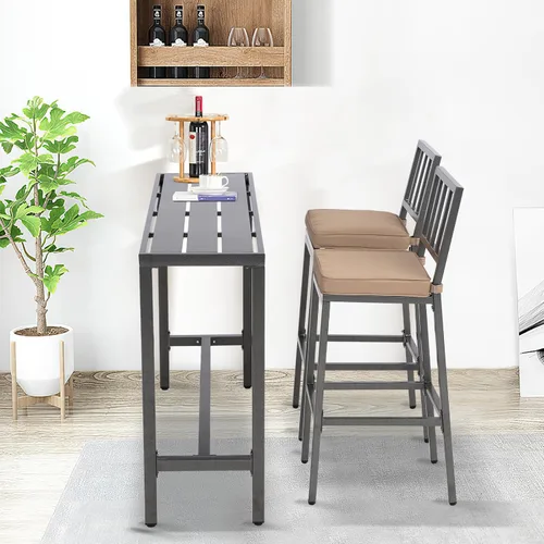 Miniatura 9 de Sillas y mesa de bar al aire libre, juego de bar de metal para patio con taburetes y cojines para patio trasero, porche, bistró, balcón