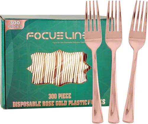 FOCUSLINE Paquete de 300 tenedores desechables de plástico color oro rosa, tenedores de plástico sólido y duradero, cubiertos desechables