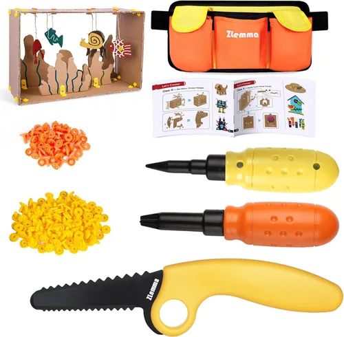 Kit de herramientas de construcción de cartón de 124 piezas con bolsa de cintura, sierra de anillo de seguridad, destornillador, bolsa de cintura y