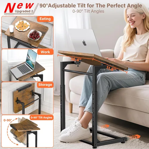 Miniatura 4 de Mesa para Bandeja de TV, Mesa Lateral para Sofá Ajustable en 8 Alturas, Mesa de Extremo en Forma de C con Ajuste de Ángulo de Inclinación de 90°