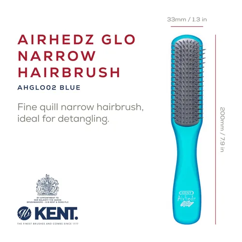 Miniatura 2 de Kent AHGLO02 Airhedz Glo Blue - Cepillo desenredante estrecho medio redondo para desenredar – 9 filas, iónico, antiestático, no rayado, cerdas