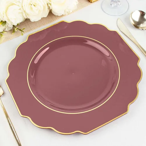 Miniatura 17 de Efavormart - Paquete de 10 platos de postre de plástico color rosa canela de 8 pulgadas, con borde dorado barroco, platos de ensalada desechables