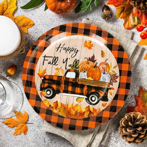 Miniatura 4 de Whaline 40 platos de papel de otoño de 9 pulgadas, platos de papel desechables a cuadros de búfalo naranja y negro, platos de papel desechables