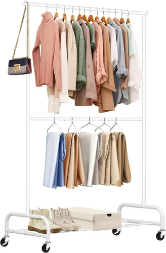 Miniatura 8 de SLEEPING LAMB Percheros de ropa resistentes para colgar ropa, 43 pulgadas de ancho, perchero de ropa rodante de metal con ruedas, perchero de Negro