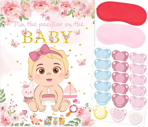 Juego Pon el Chupete al Bebé Rosa Juego de Baby Shower Decoraciones para Fiesta Incluye Póster Grande 30 Pegatinas de Chupete Juego para Baby
