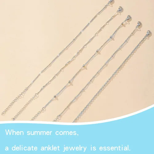Miniatura 4 de Dcfywl731 Tobillera de cinco capas para mujer, cadena de cuentas de plata y oro, tobillera para adolescentes y niñas, pulseras de tobillo de varias