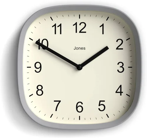 JONES CLOCKS® Reloj de pared Sprite | Reloj cuadrado redondo retro moderno | 10 pulgadas | Gris | Números fáciles de leer | Perfecto para cocina u