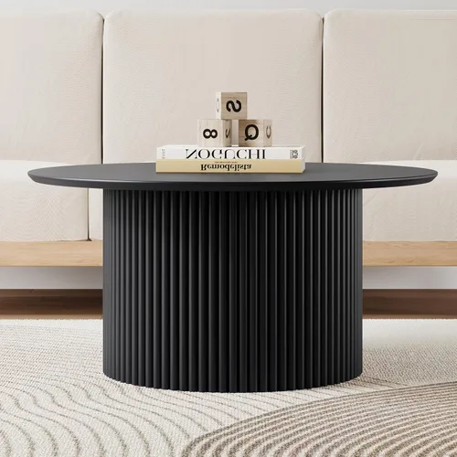 Miniatura 8 de Mesa de café redonda de 31.5", Mesa de centro moderna con acento acanalado y marco de metal, mesas de café de madera redondas para sala de estar