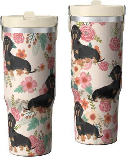 Miniatura 40 de Dachshund - Vaso de viaje aislado de acero inoxidable de 20 onzas con asa y pajilla, regalo para mujer, para el Día de la Madre, a prueba de fugas