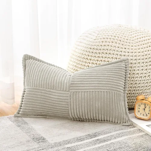 Miniatura 2 de OTOSTAR Fundas de almohada a rayas de corduroy con empalme, fundas de almohada boho súper suaves, fundas de almohada decorativas de textura en Gris