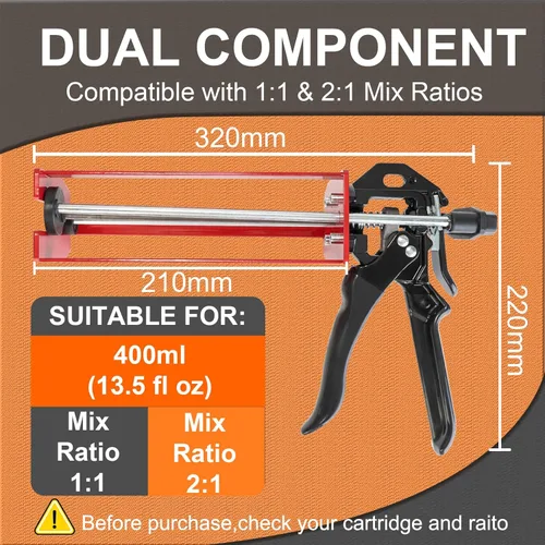 Miniatura 2 de Pistola epoxi de doble componente, 13.5 fl oz, aplicador adhesivo manual de relación 1:1 y 2:1 para epoxi, uretano, acrílico, pistola adhesiva de 2