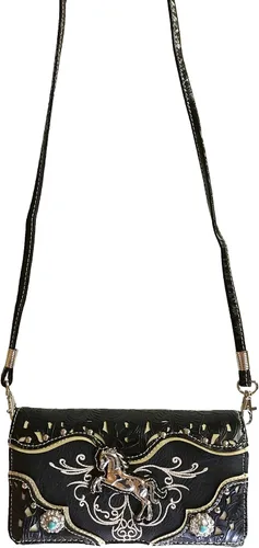 Miniatura 3 de Zelris Cartera cruzada de cuero vegano de PU bordada con caballo de cría occidental, Negro -, Zelris Damasco