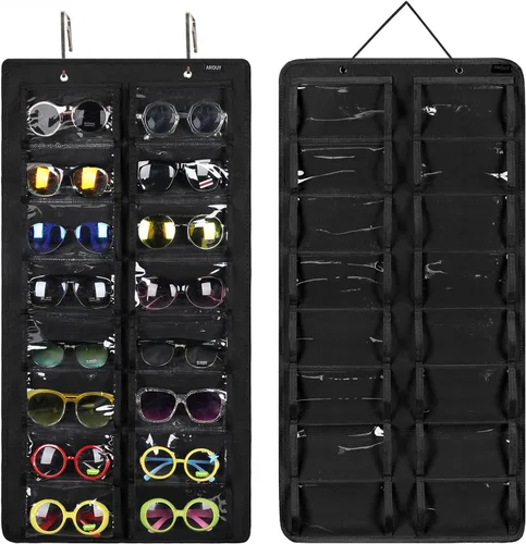 AROUY Organizador de gafas de sol, organizador de gafas con bolsillo para colgar en la pared - Organizador de gafas de sol con 16 ranuras de fieltro