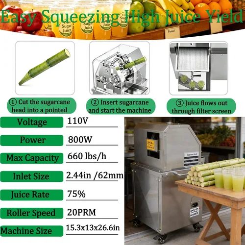 Miniatura 3 de TECHTONGDA Exprimidor eléctrico comercial de caña de azúcar, prensa de caña de azúcar, 3 rodillos Extractor de jugo de caña de azúcar de acero