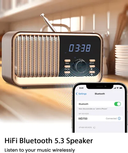 Miniatura 2 de MONODEAL Radio despertador con carga inalámbrica rápida, compatible con Bluetooth 5.3/radio FM/puerto USB/tarjeta TF/entrada auxiliar, altavoz