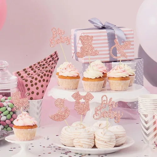 Miniatura 4 de Gyufise 36 piezas Adornos para cupcakes de baby shower con purpurina, chupete, carrito de bebé, oso, Oh Baby, púas para cupcakes para revelación