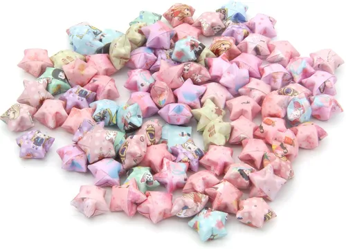 Miniatura 4 de 1120 hojas de tiras de papel para origami en forma de estrella con 2 diseños diferentes de lindos origami de dibujos animados para manualidades DIY