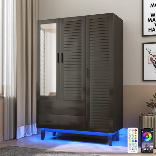 Miniatura 11 de Hlivelood Armario Ropero Closet de 2 Puertas con Espejo, Cajones y Luces LED, Estantes de Múltiples Niveles, Barra Colgante y 2 Puertas de Persiana