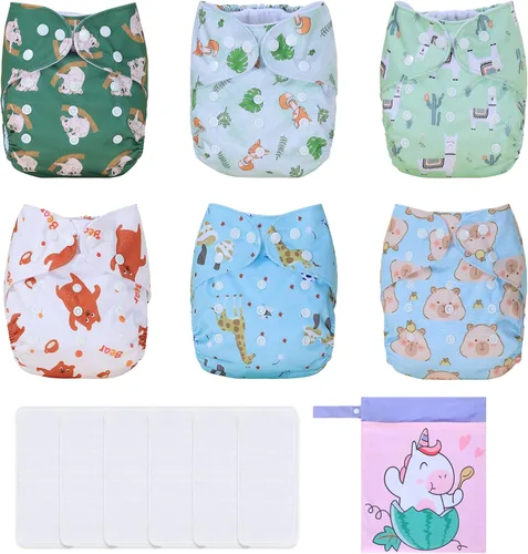 TDIAPERS Pañales de tela reutilizables, lavables, de bolsillo, talla única, ajustable para pañales de tela a presión, paquete de 6 con 6 insertos de