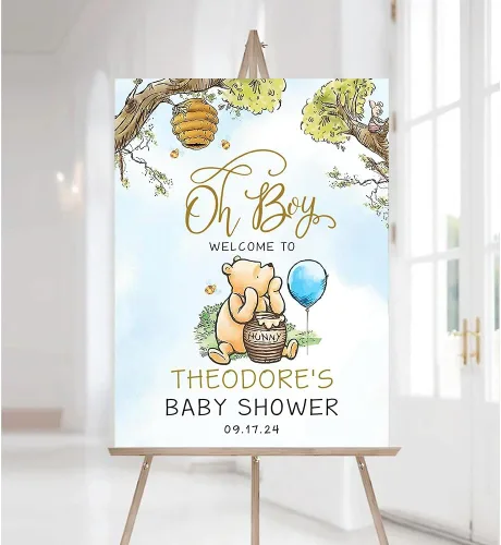 Miniatura 9 de Letrero de bienvenida personalizado de Pooh, cartel de bienvenida al baby shower, baby shower de oso Pooh, revelación de género, decoraciones