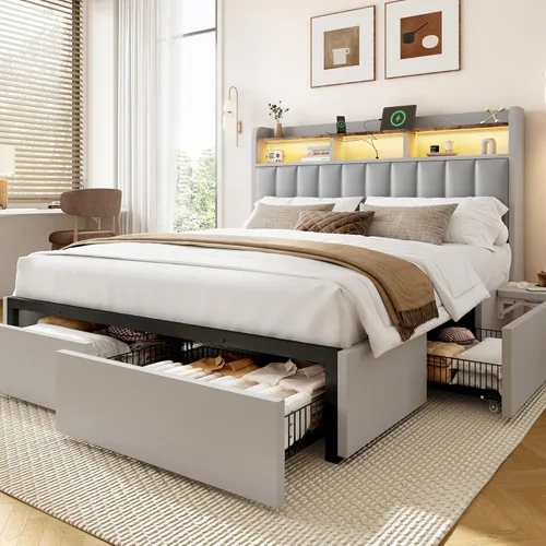 BRELTAM Base de cama Queen con cabecero, 4 cajones de almacenamiento y escritorio ajustable integrado, estación de carga, fácil montaje, no necesita