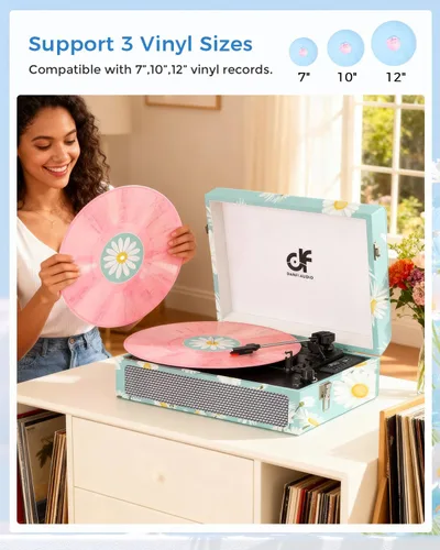 Miniatura 7 de Tocadiscos de vinilo Bluetooth con altavoces integrados, tocadiscos portátil vintage de 3 velocidades con auriculares de grabación USB/conector